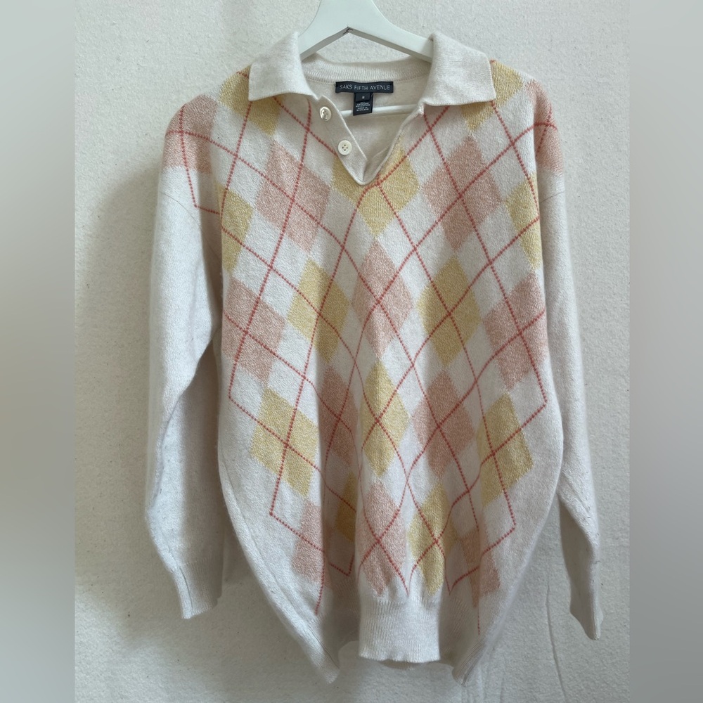 Saks Fifth Avenue argyle polo sweater from Scotland. Soft cashmere/cotton blend